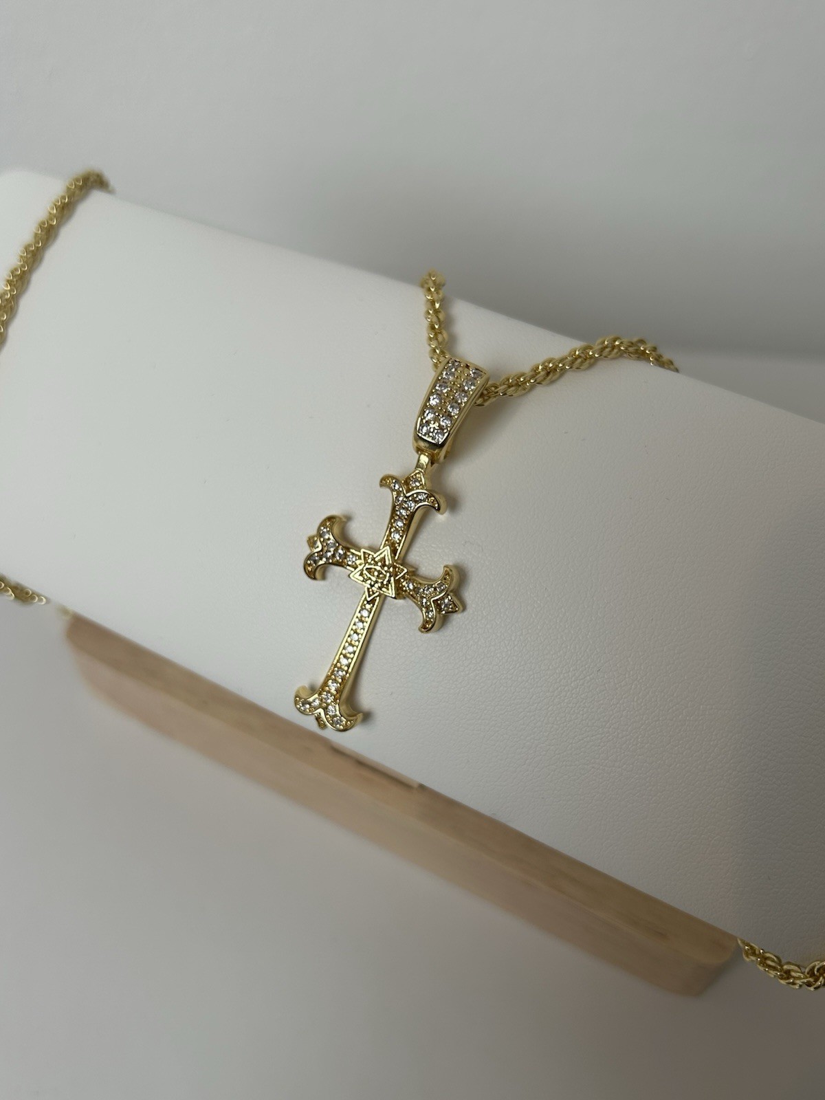 18K Gold XP Cross Necklace – Iced CZ Stones – 55cm Elegant Rope Chain (22’)
