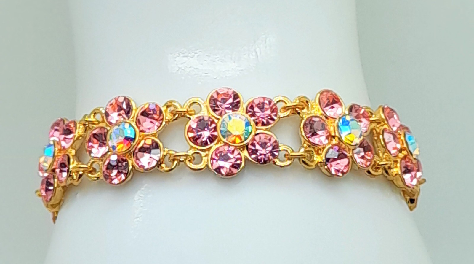 Handmade Pink and ab color Flower gold tone shape metal fashion Bracelets