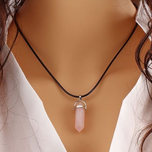 Crystal Stone Healing Pointed Chakra Pendant Hexagonal Quartz Necklace with Rope