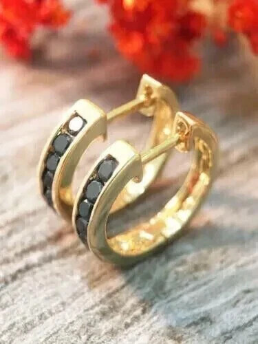 0.90Ct Round Black Simulated Diamond Huggie Hoop Earrings 14K Yellow Gold Plated