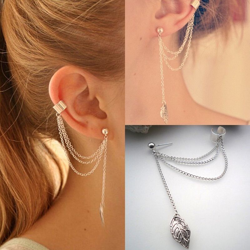 Women Punk Rock Leaf Chain Tassel Dangle Ear Stud Cuff Wrap Earring Eardrop P29