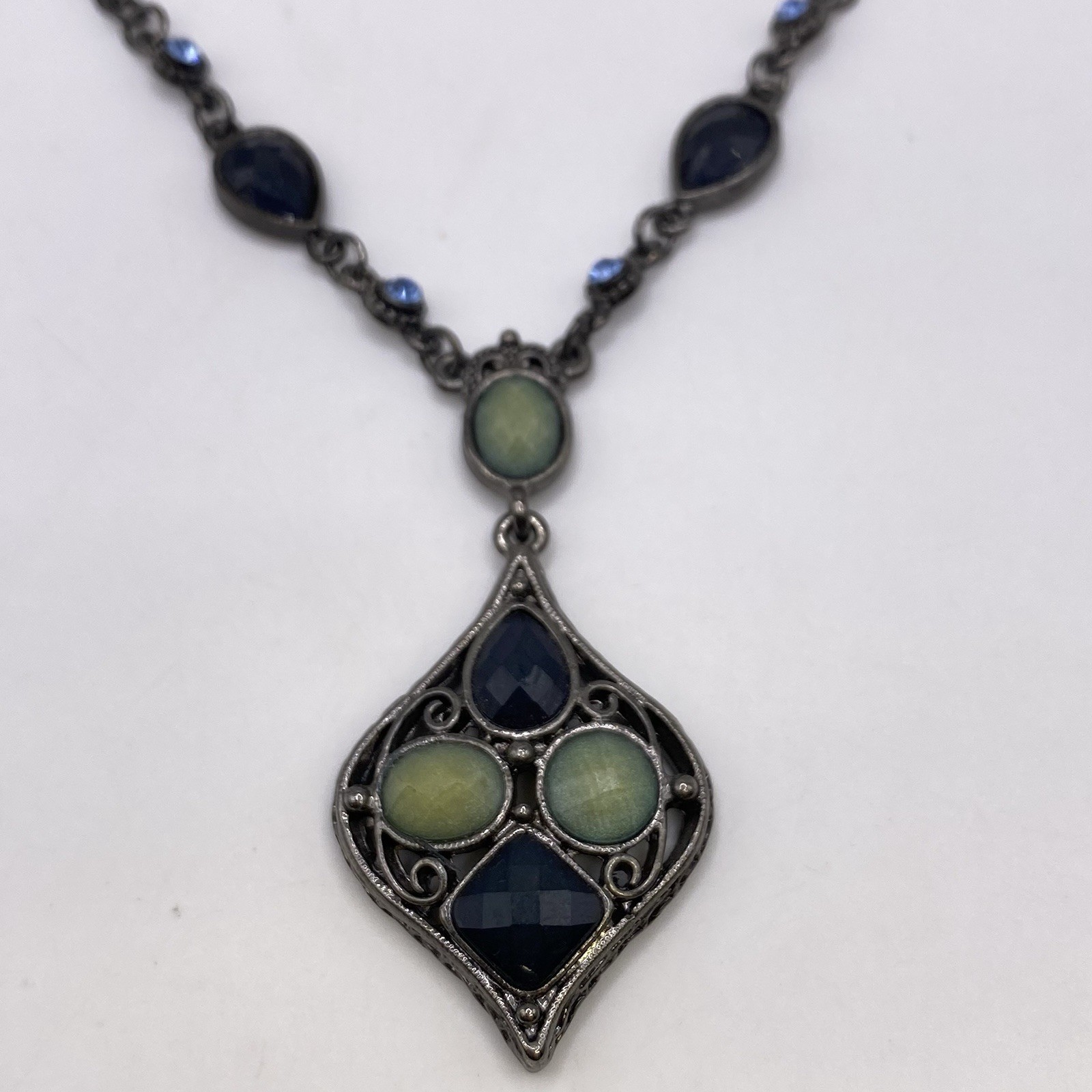 1928 Signed Necklace Green Blue Black Rhinestone Costume Jewelry