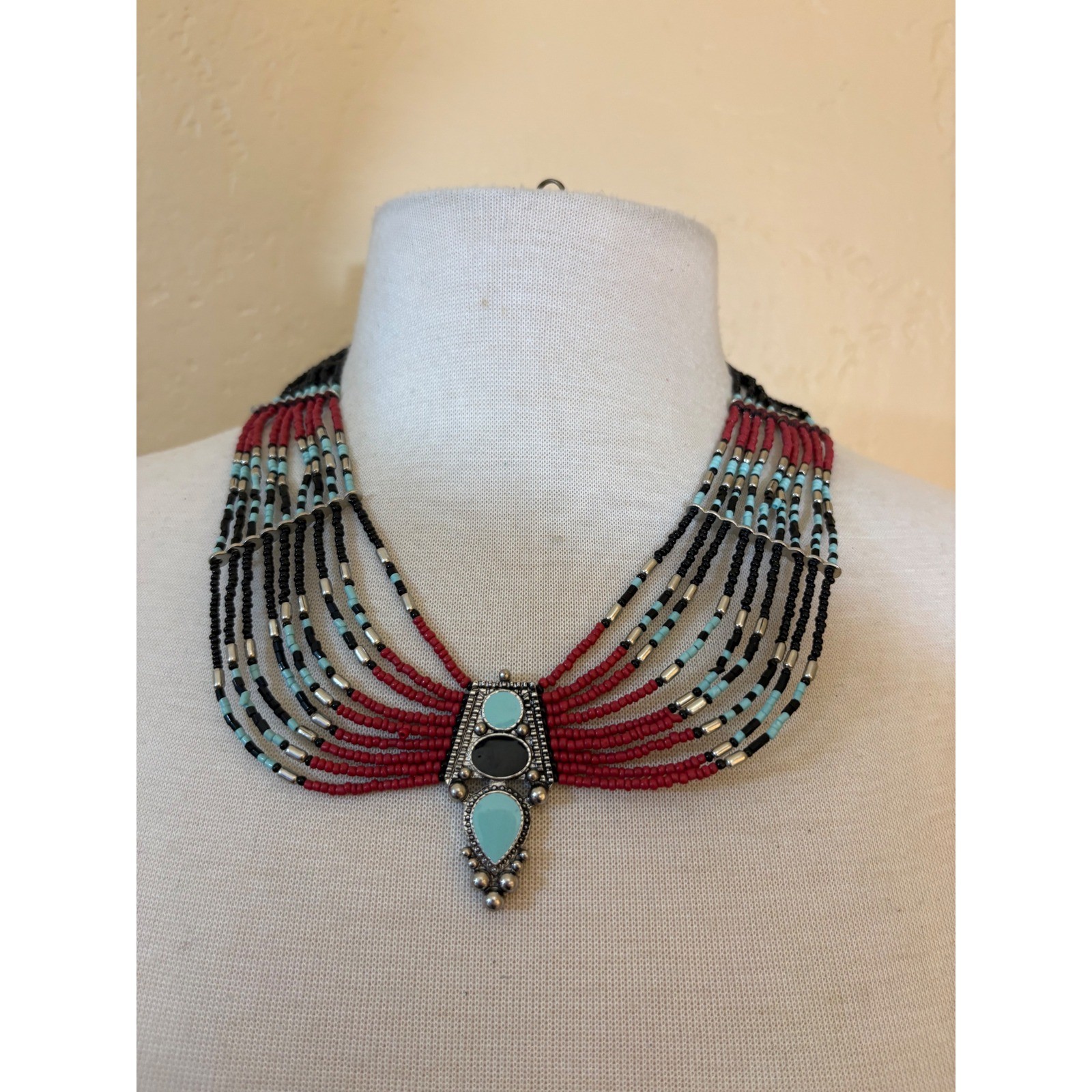 Southwestern Multi Strand Seed Bead Bib Necklace Red Black Turquoise Silver Tone