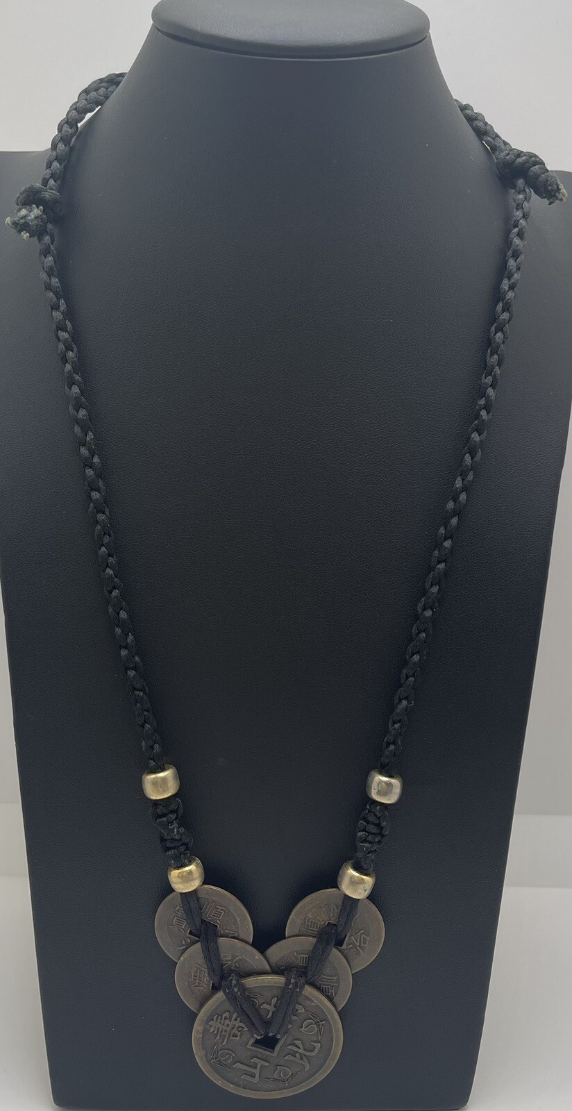 Vintage Unique Brass Round Coin Black Rope Statement 24″ Necklace Unmarked
