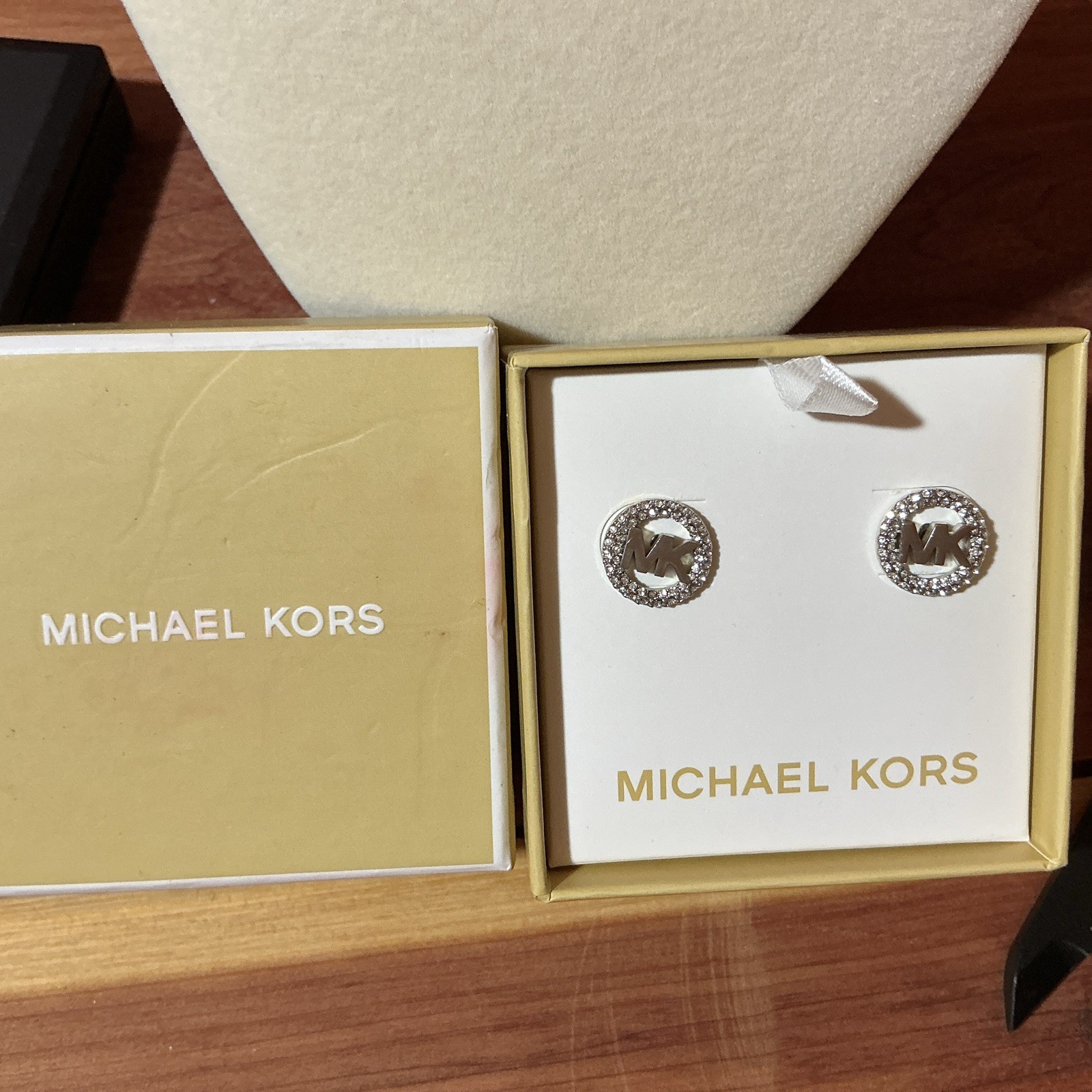 Michael Kors Silvertone MK LOGO Pave’ Halo Round Stud Earrings MKJx7323040