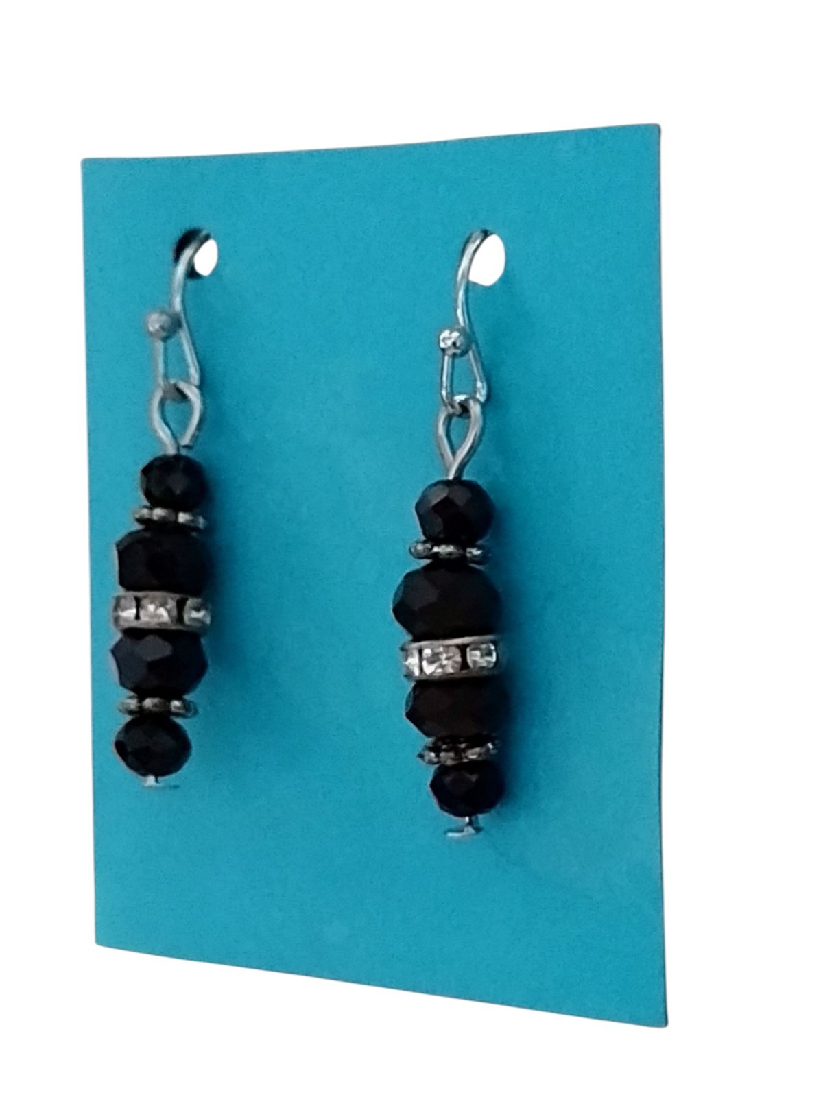 Handcrafted SILVERTONE BLACK BEADS Dangle Earrings HYPOALLERGENIC LOOPS STOPPERS
