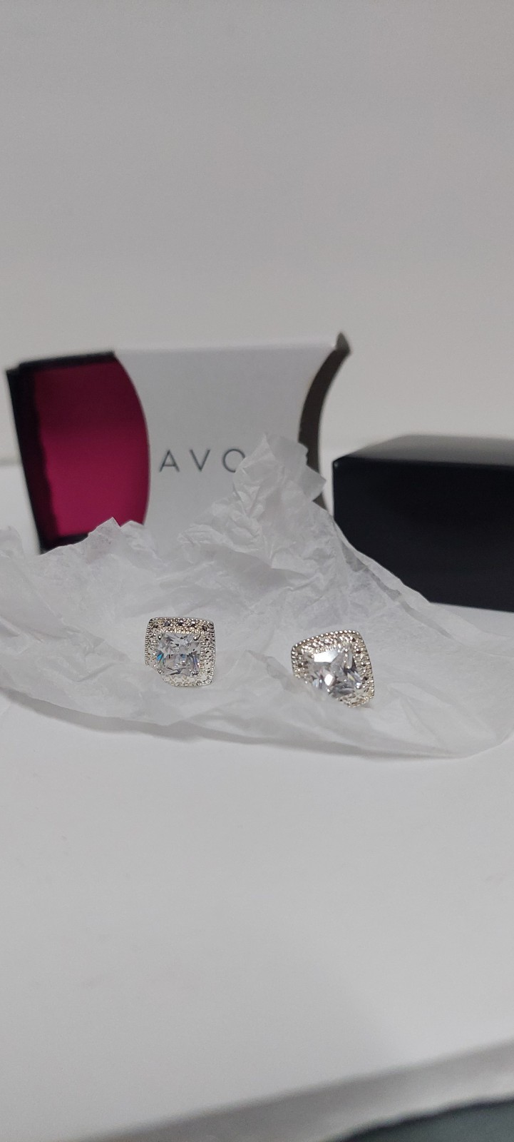 Avon Brilliant CZ Princess Square Halo Stud Earrings Silver Tone Butterfly Back