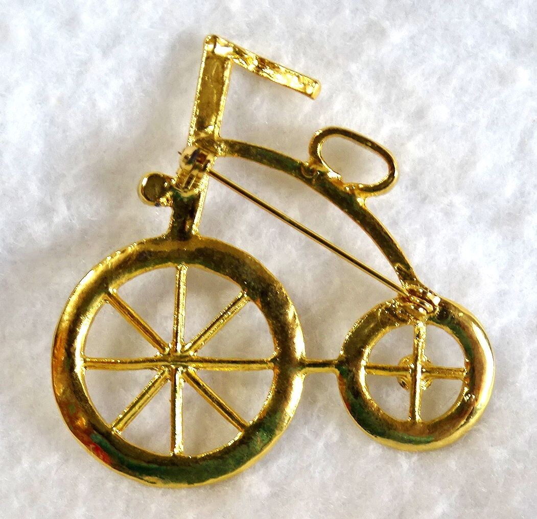 Bicycle Brooch Pin Goldtone with White Rhinestone Detail 2-1/4 x 2-1/4″