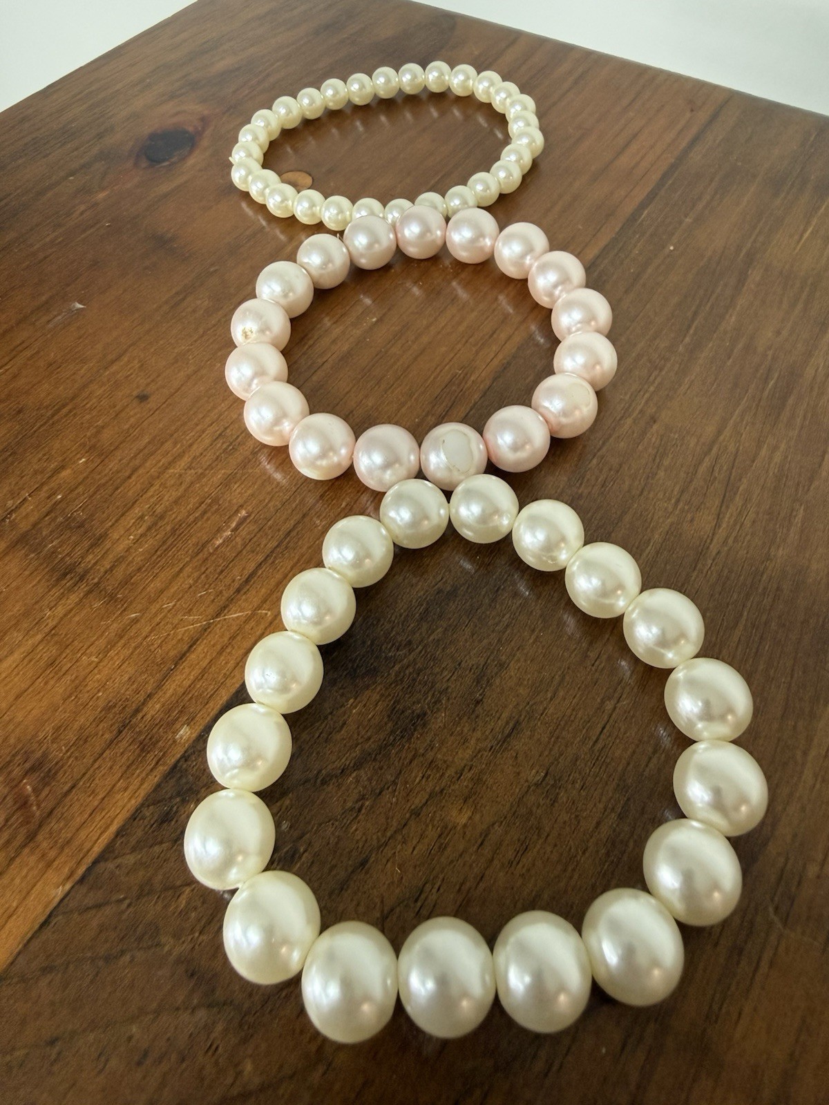 Faux Pearl White & Pale Pink Elegant Versatile Beaded Stretch Bracelets Lot Of 3