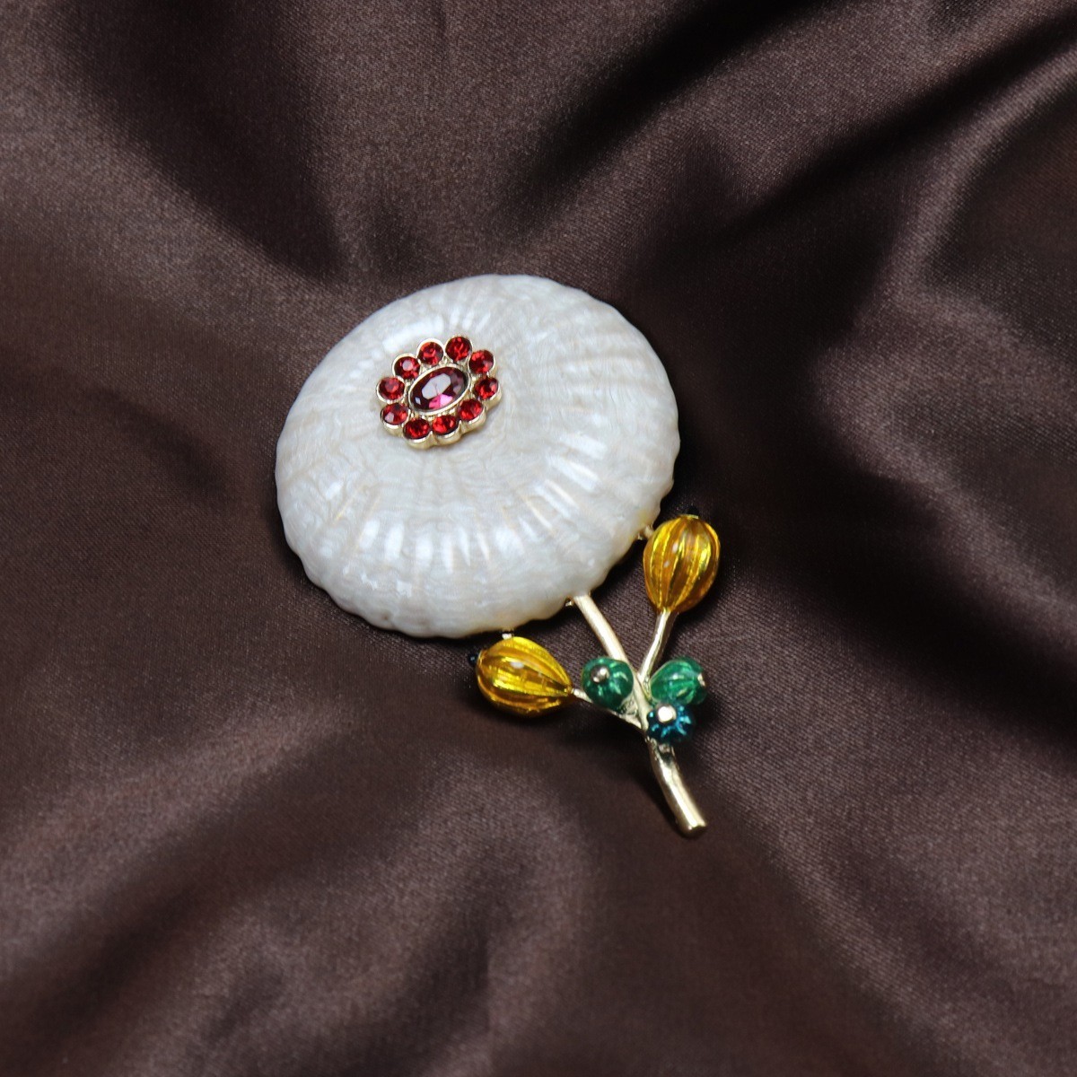 Vintage KJL Gold Tone Shell Flower Yellow Green Glass Branch Statement Pin