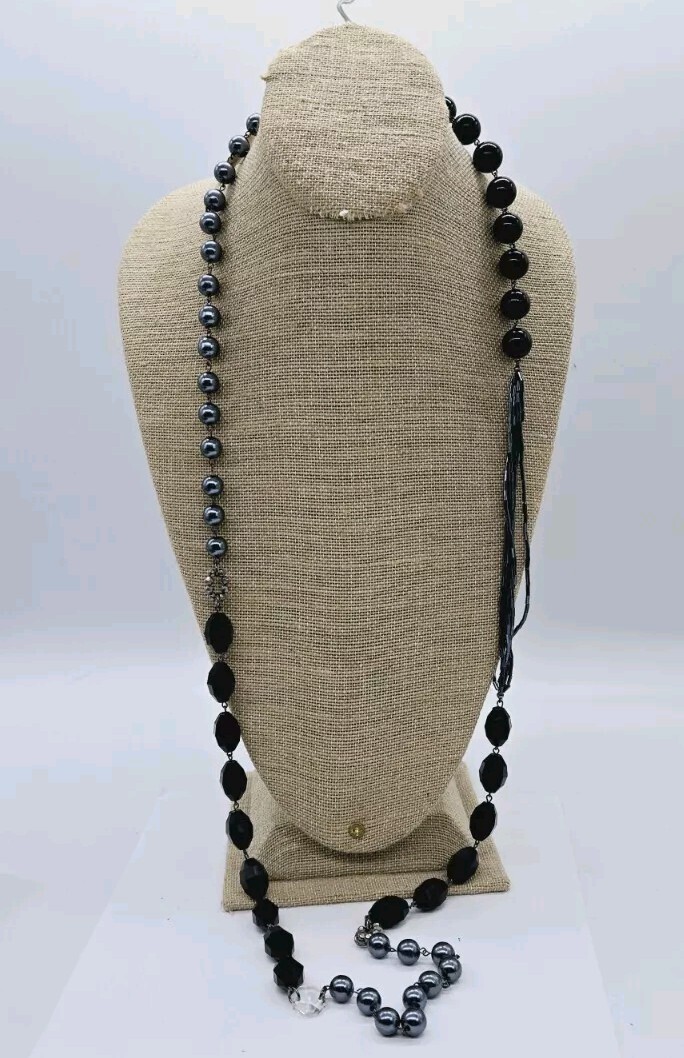Beaded Black & Gray Silver Tone Beaded Long Necklace Lot of 2