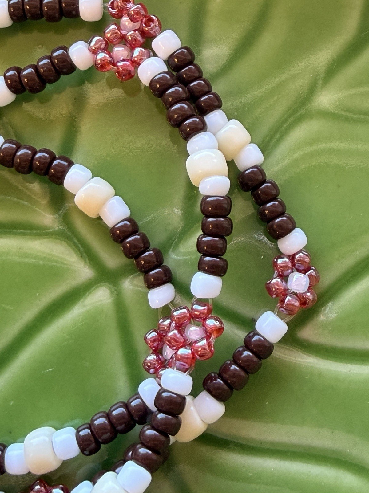 Handmade Beaded Floral Necklace Brown White Pink Seed Bead Stainless Steel Clasp
