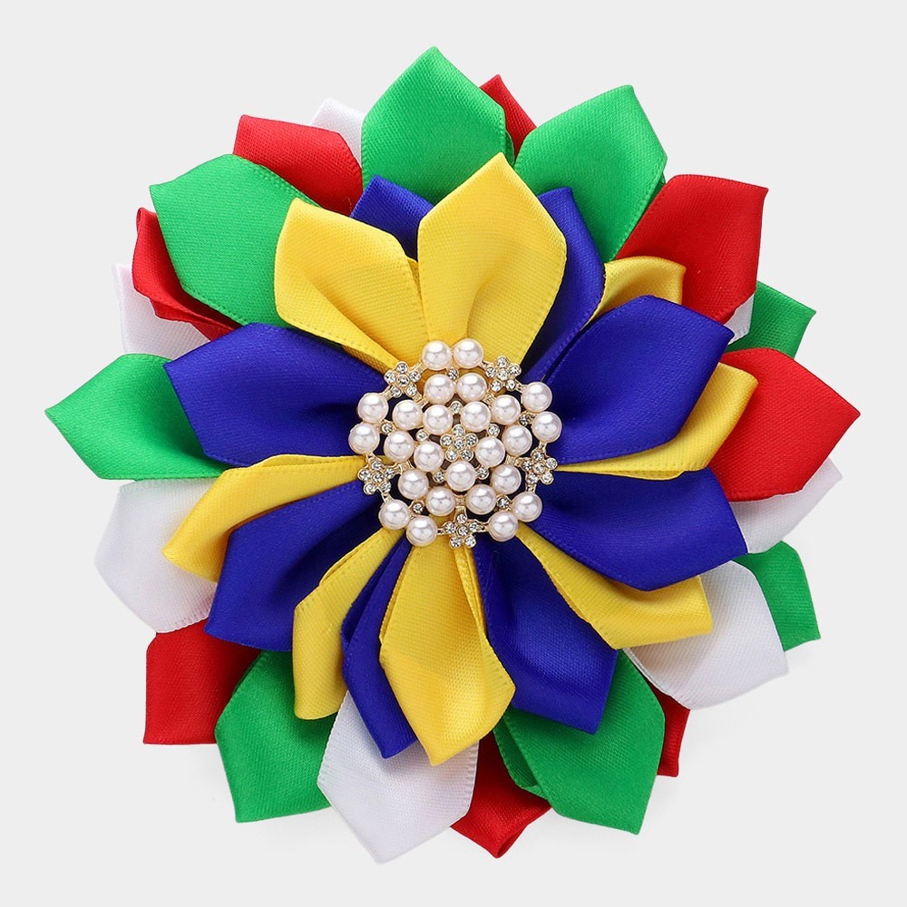 2pcs Pearl Flower Ribbon Brooch Hair Clip Dual Pin Corsage Lapel Floral Set