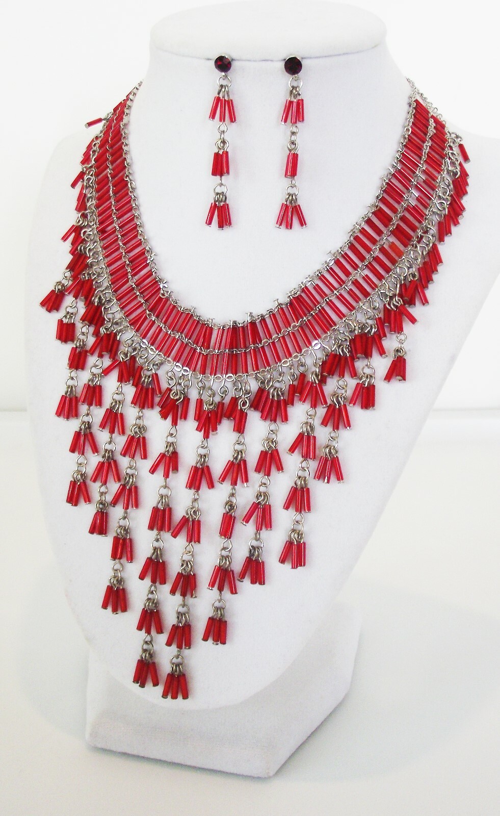 DESIGNER INSPIRED RED CRYSTAL ACRYLIC BEAD CHEVRON HANDMADE NECKLACE JEWELRY SET