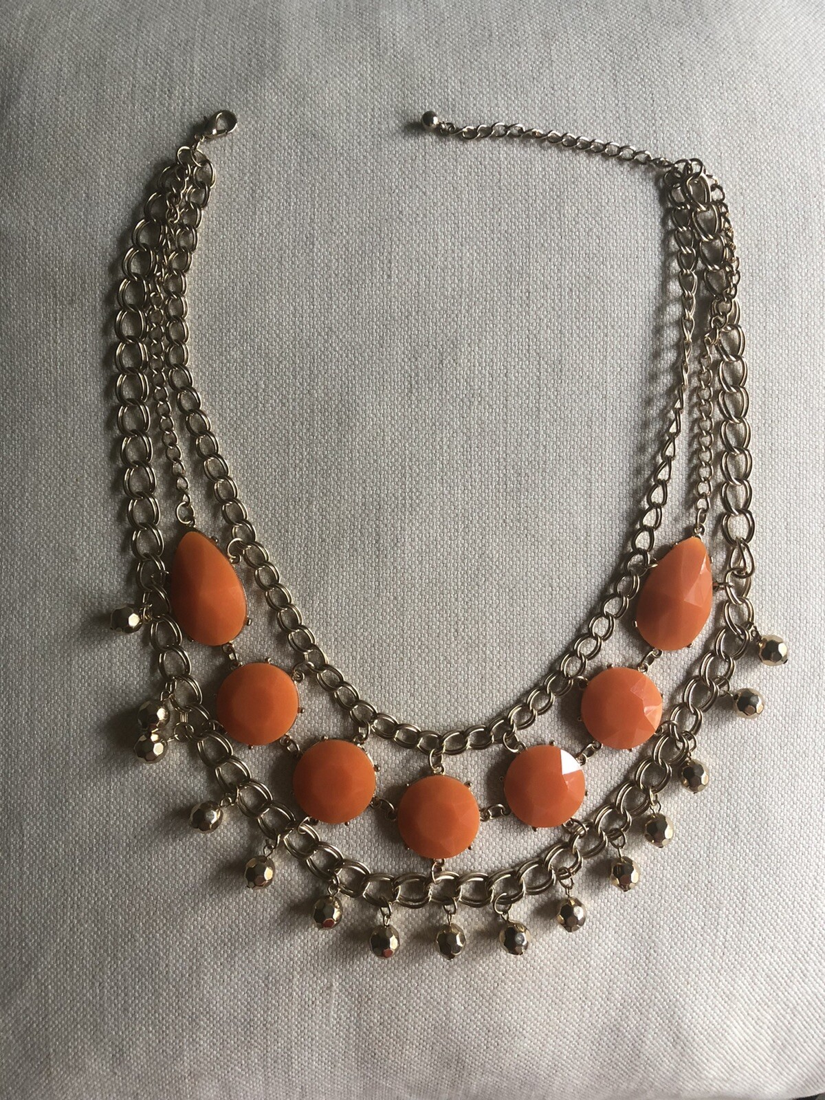 Orange faux stone statement chain golden beads necklace. Perfect new condition. 