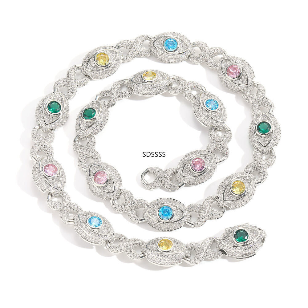 Cuban Chain Necklace Bracelets Zircon Mens Jewelry Hip Hop Colorful Eye