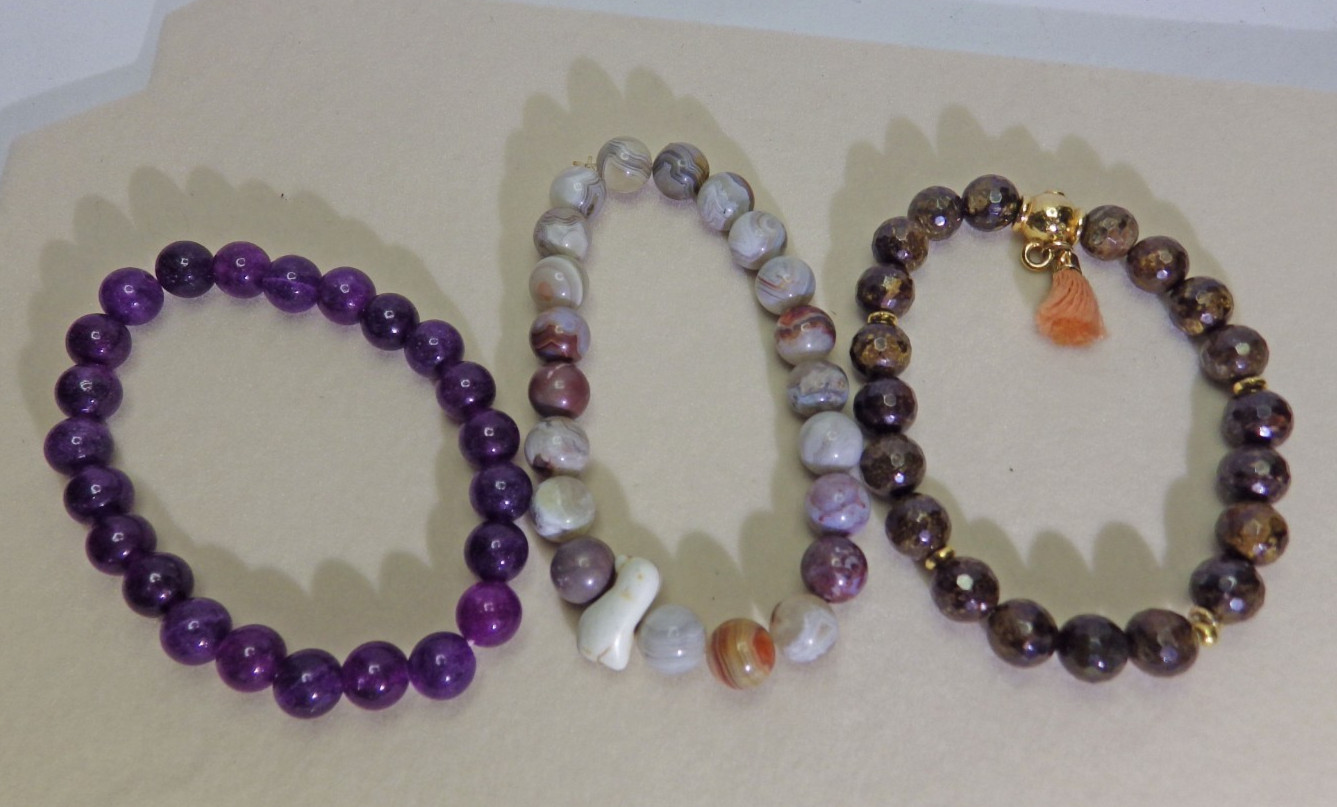 Lot of 3 Stretch Natural Stone Stretch Bracelet Purple, white/tan, brown 620E2