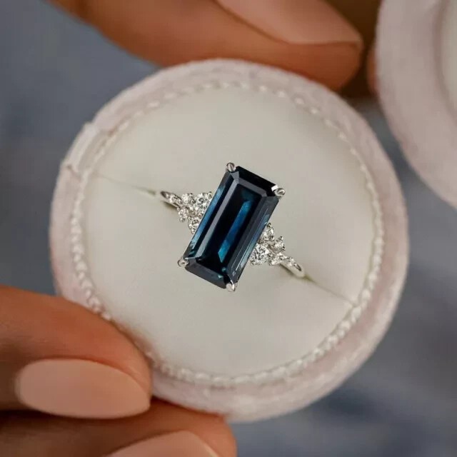 Stunning Emerald Cut Lab Created Sapphire Wedding Ring 14k White Gold Plated