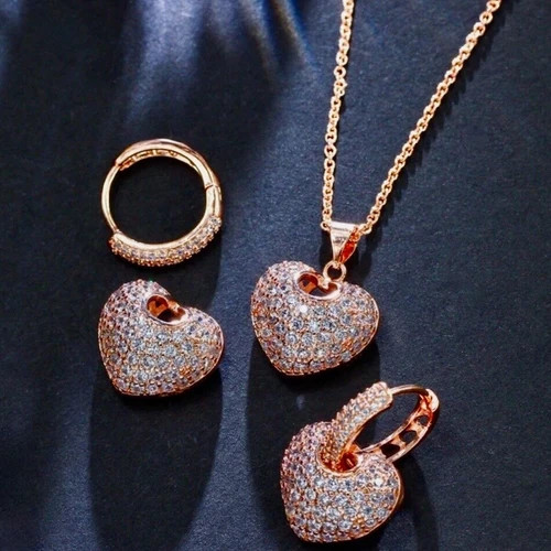 18k Rose Gold Plated 3D Heart Pendant Necklace Earrings made Simulated Diamond
