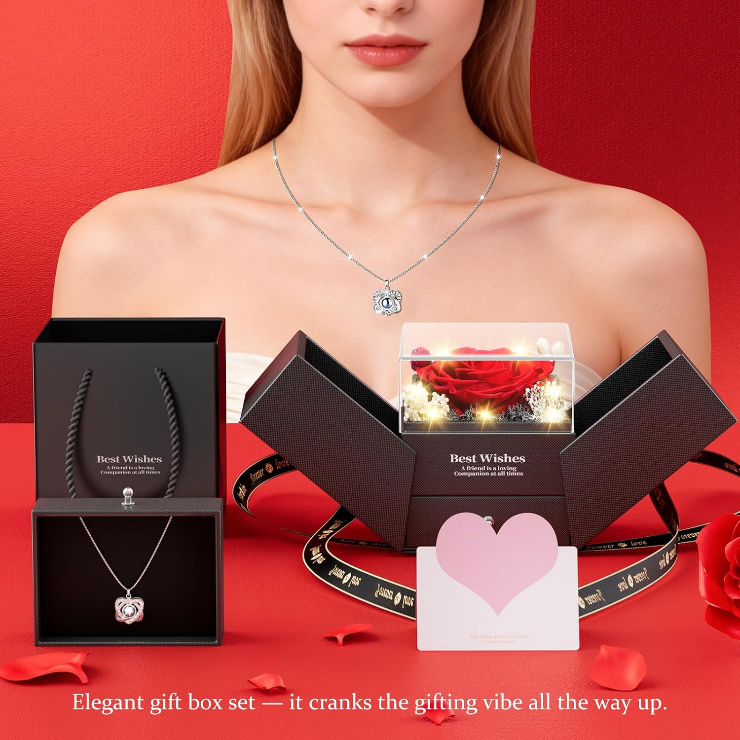 Preserved Red Rose Necklace with I Love You Heart – Forever Flowers Romantic Gif