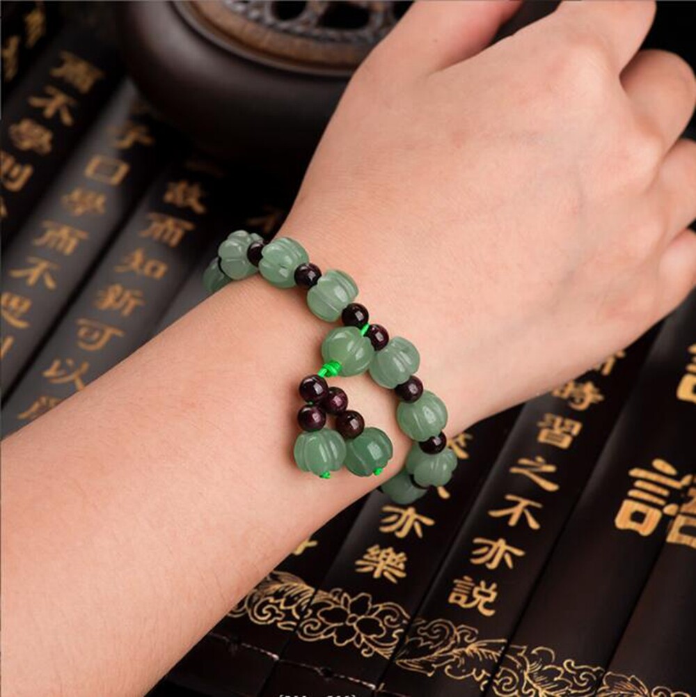 Natural Green Jade Pumpkin Beads Red Garnet Round Gems Beads Stretch Bracelet