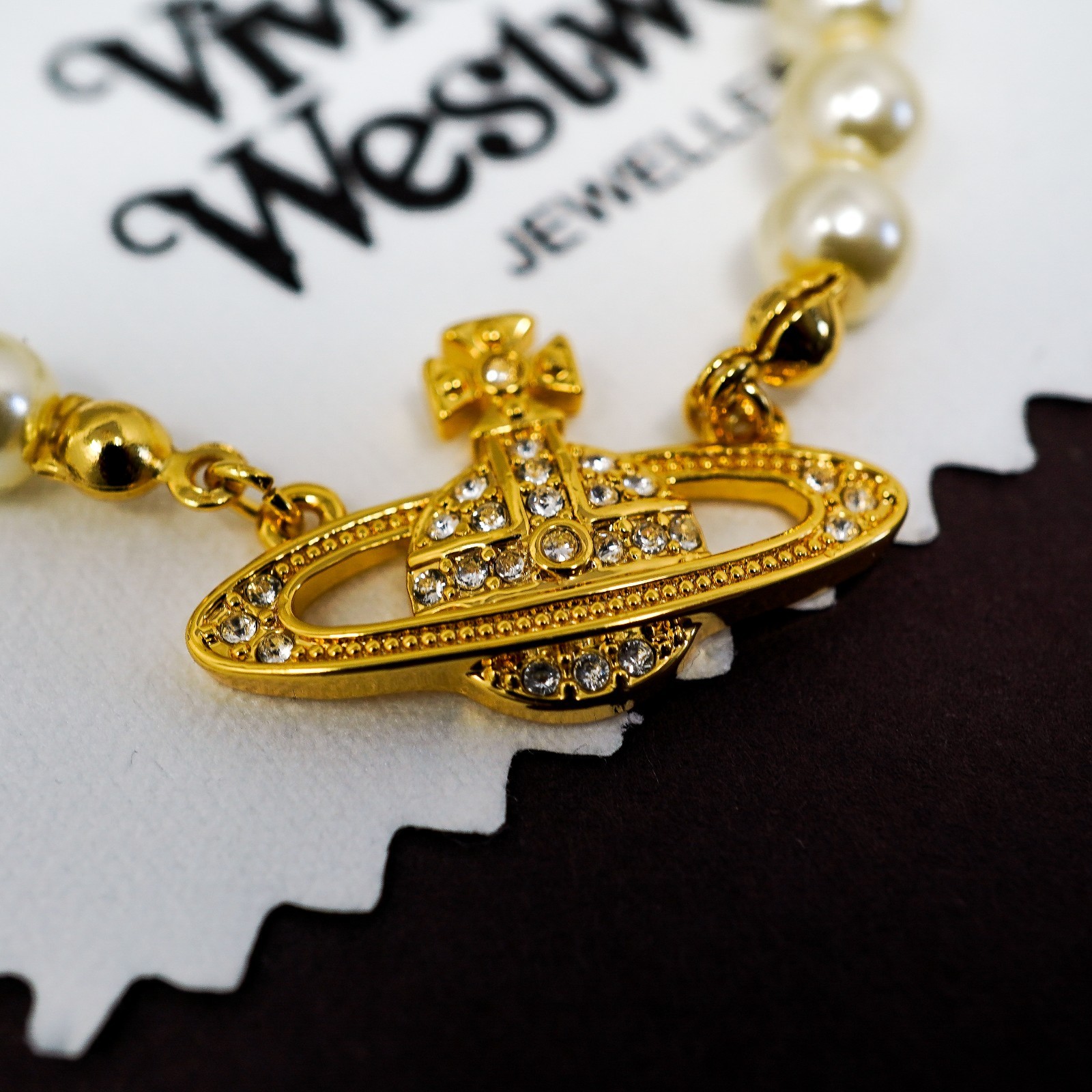 Vivienne Westwood Necklace Bas Relief Pearl & Gold Pendant With Crystals & Box