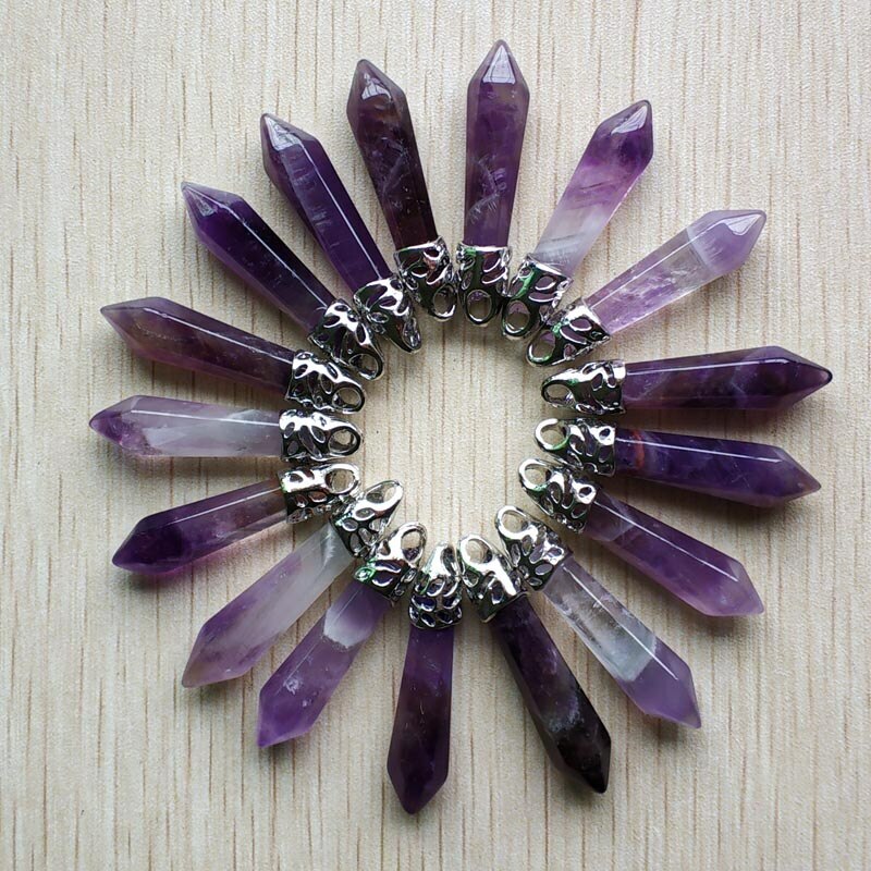 Wholesale 30pcs Natural Amethysts Stone Pillar Hexagonal Column Pendants 10x32mm