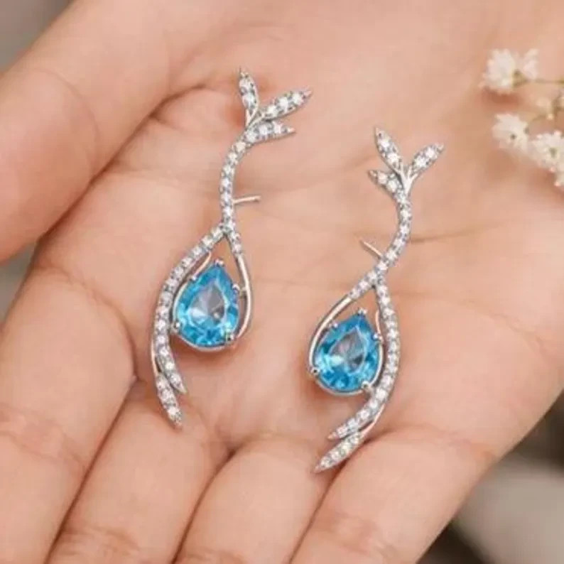 Natural Blue Topaz Earrings 925 Sterling Silver Pear Dangle December Gift
