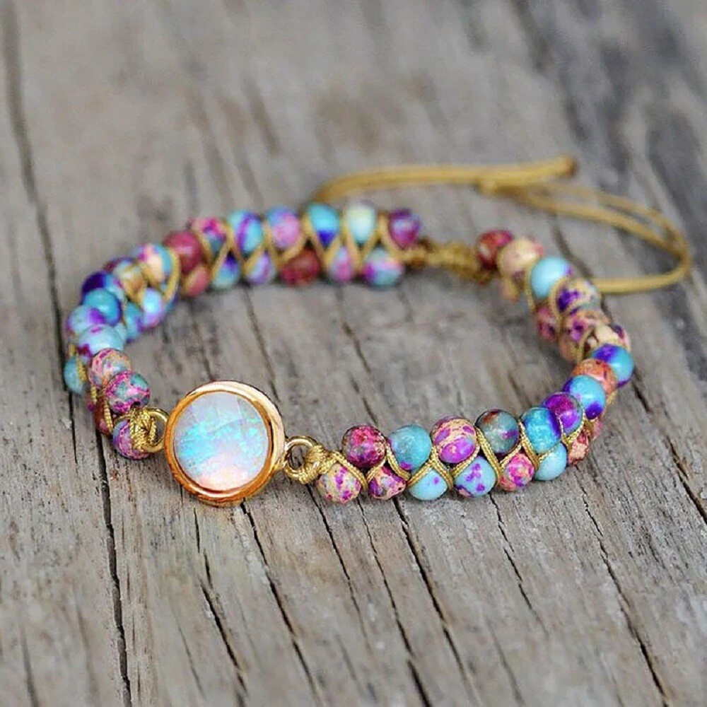 Natural Sea Sediment Jasper Stone Braided Bracelet Opal Charm Bracelet Handmade