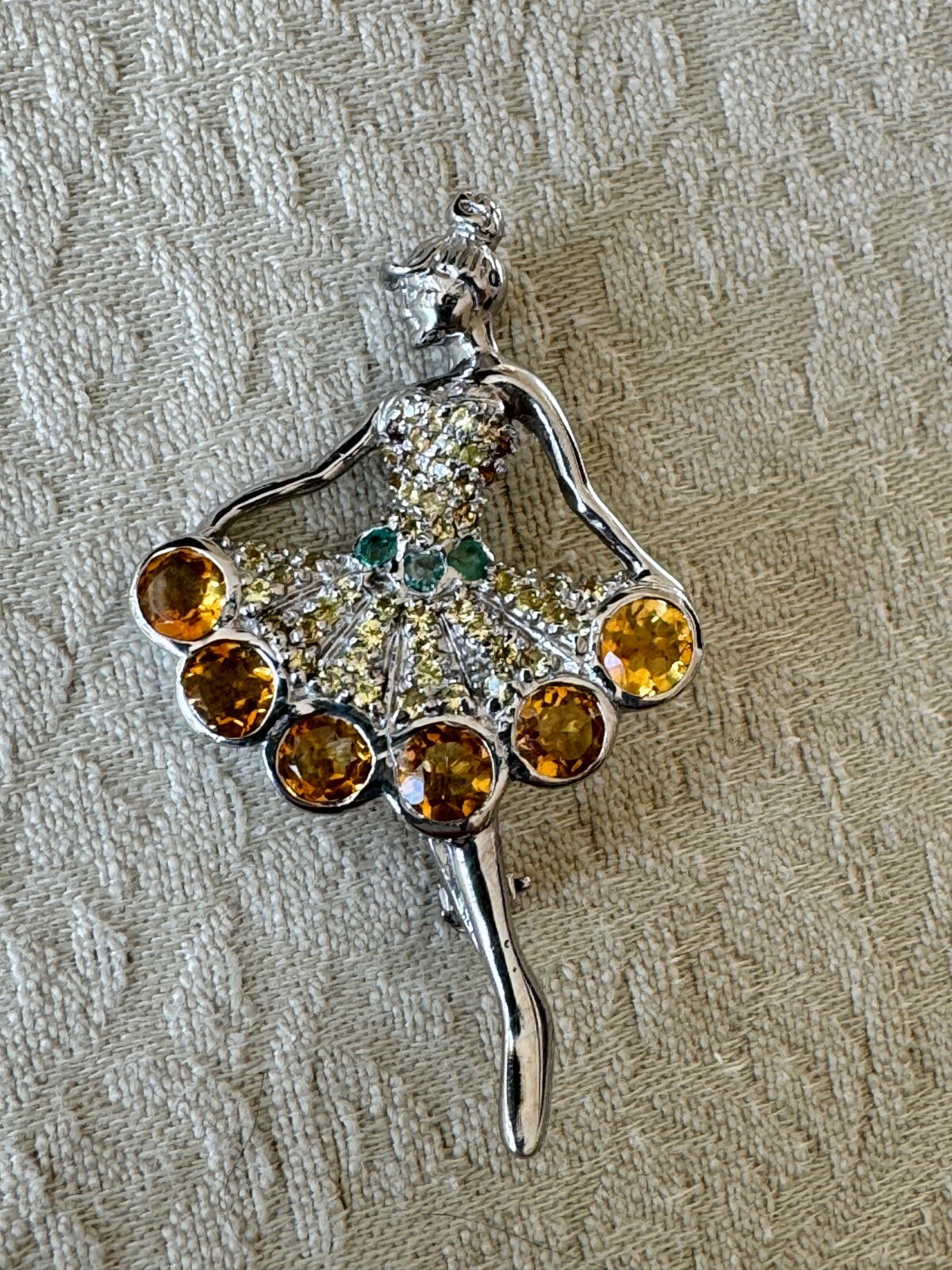 Art Sterling Silver Balerina Brooch, Round 6mm Cirtine 2mm Sapphire