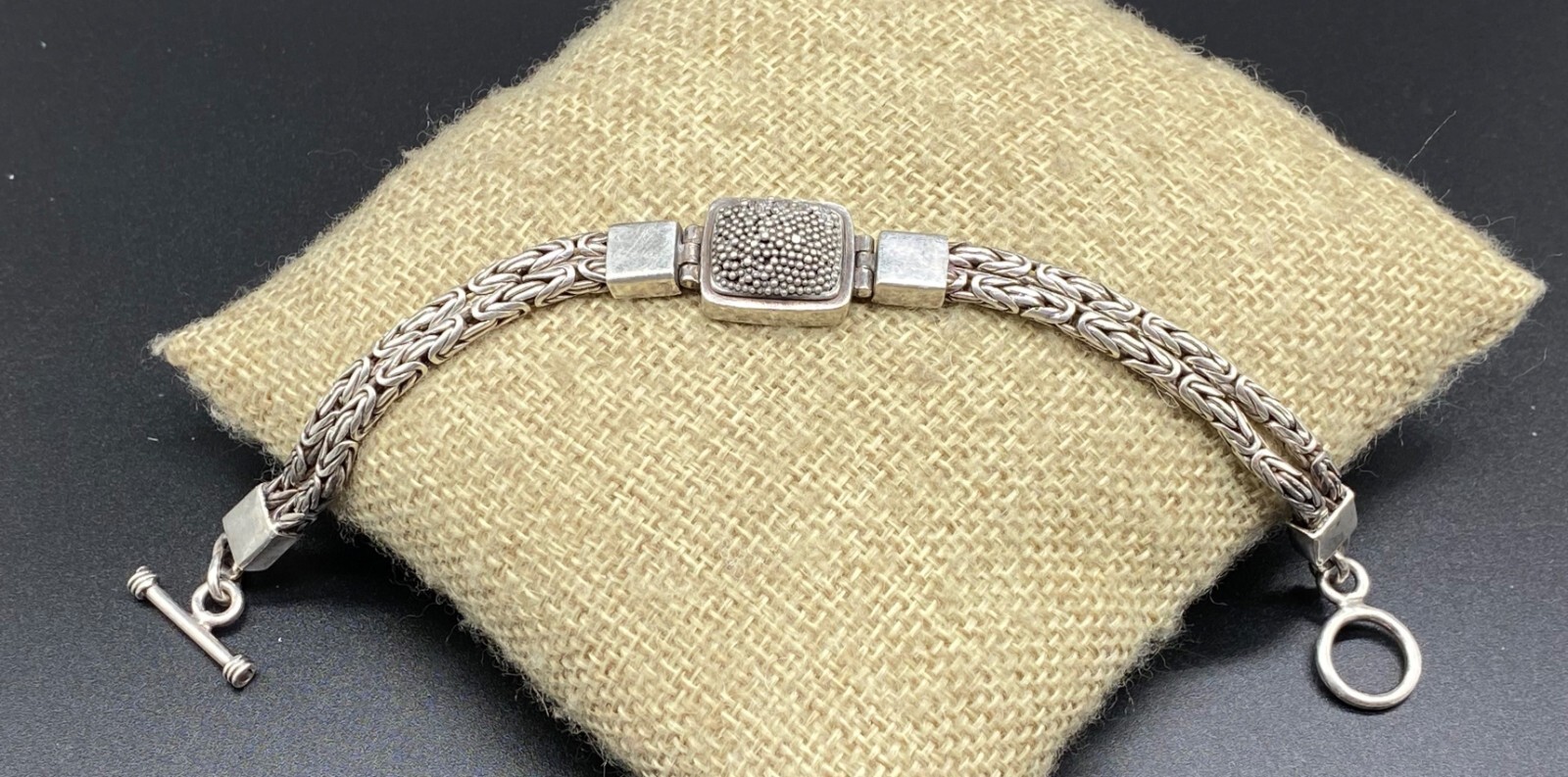 BALI STYLE-Sterling Silver Two Strand Granulated Byzantine Toggle Bracelet
