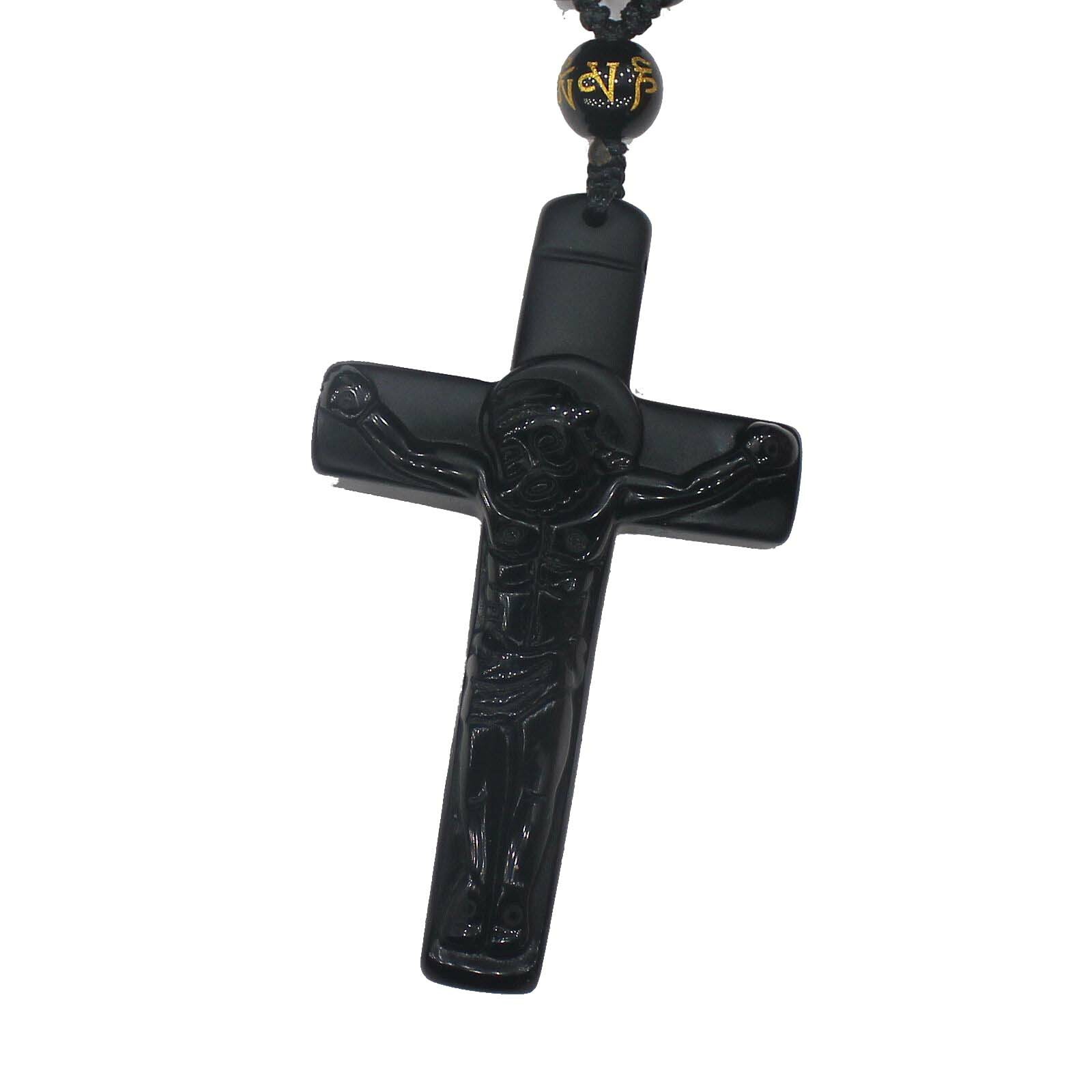 Crystal Natural black obsidian cross necklace Amulet pendant bead with chain