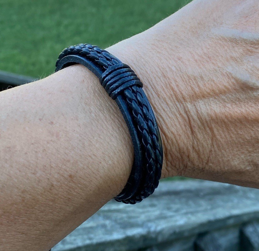 Black faux leather adj. wrist strap bracelet layered braiding detail unisex