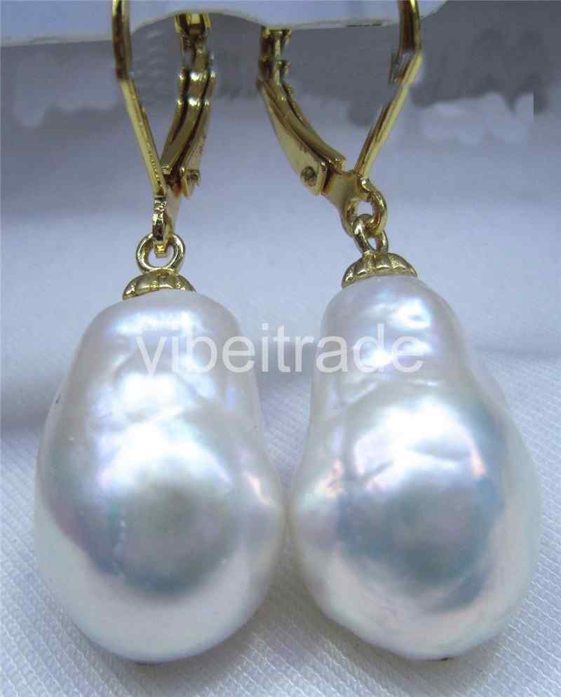 Huge AAA 16X13mm South Sea White Baroque Pearl Earrings 14K YELLOW GOLD