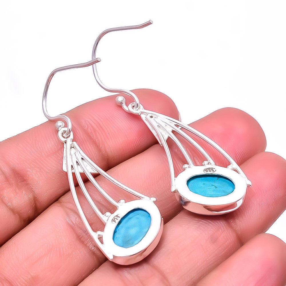 Magnesite Turquoise 925 Sterling Silver Two Tone Earring 1.95″ E_9466_260_32