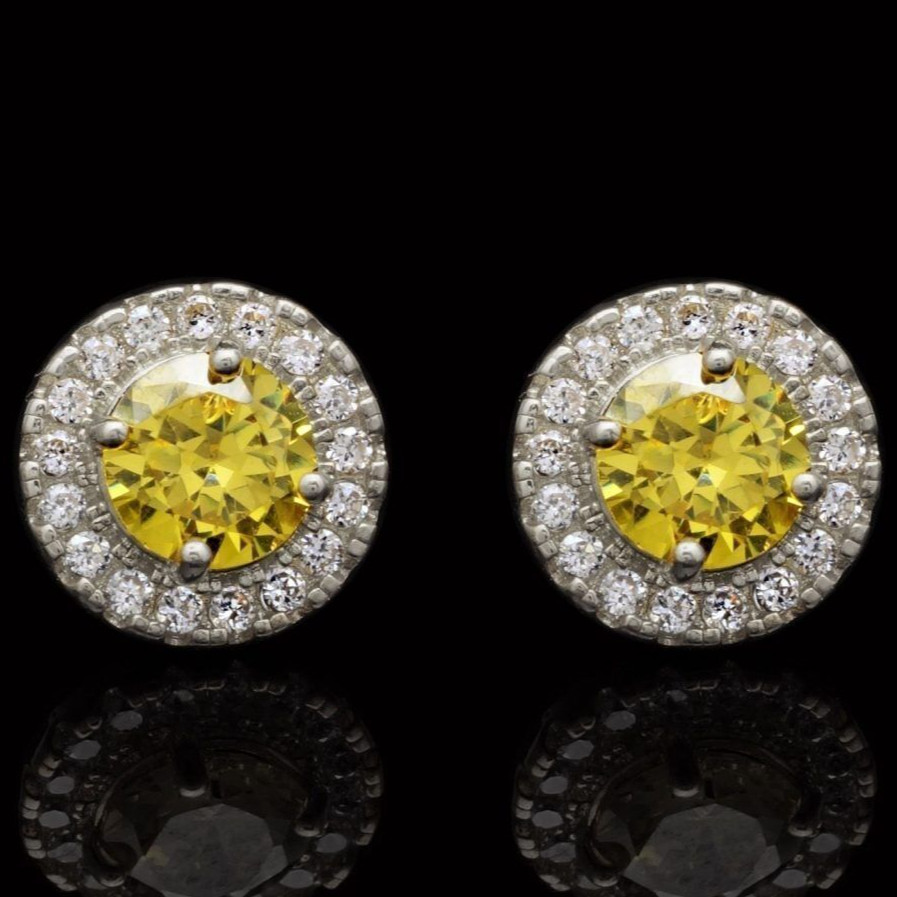 1CTW CZ Round & Citrine 14K White Gold Halo Stud Earrings