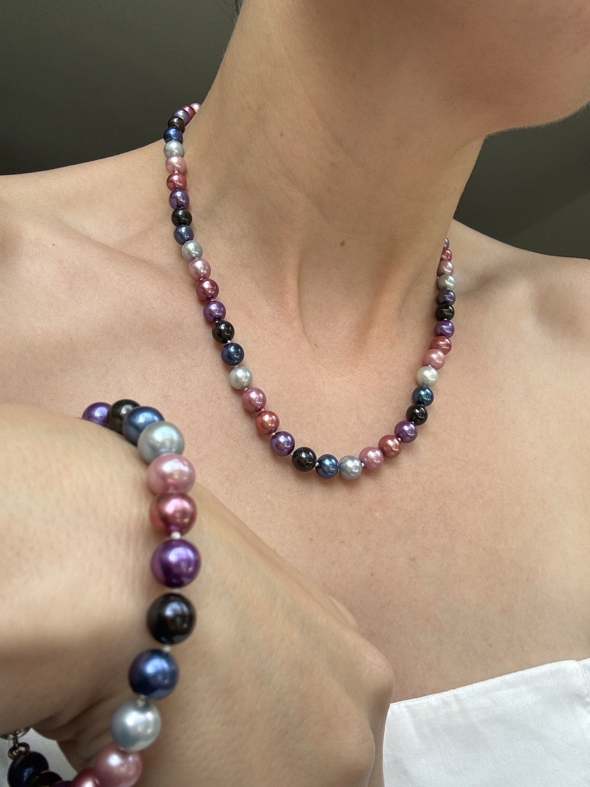 Multicolor Faux Pearl Necklace Bracelet Set Magnetic Clasp Purple Blue Pink Chic