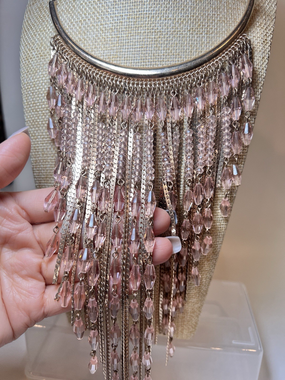 Pink Crystal Teardrop Fringe Statement Bib Necklace Silver Tone Adjustable 28″