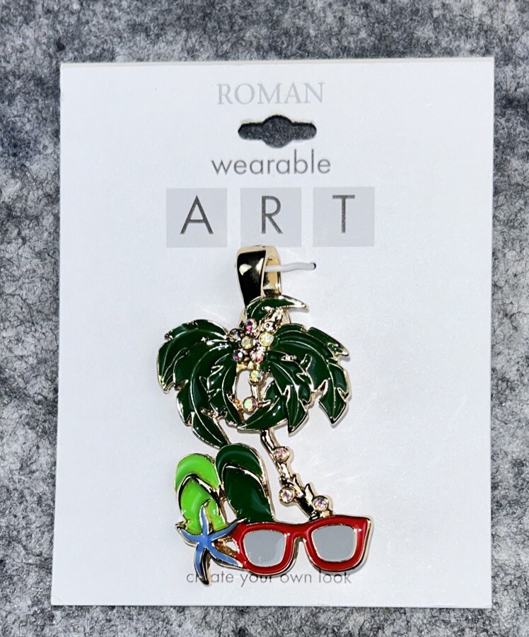 Wearable Art Pendant By Roman 2” Palm Tree Sandals Sunglasses Rhinestones NEW