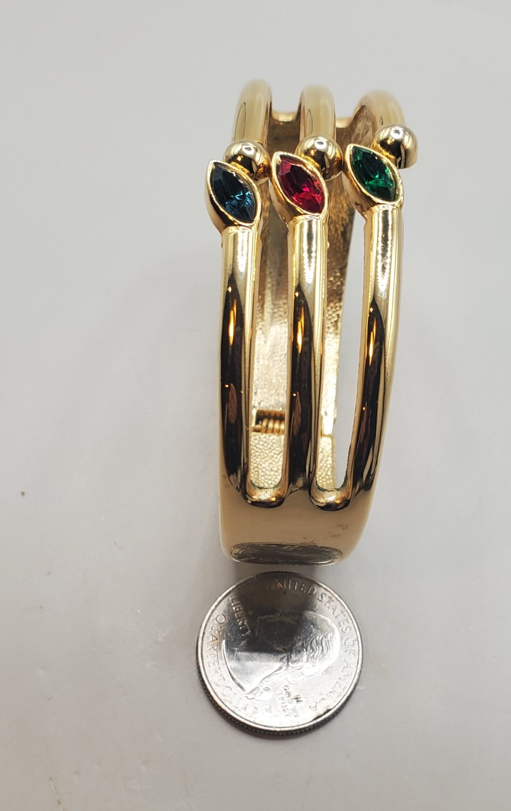 2 Gold Tone Hinged Bracelets: Red Blue Green Rhinestones, CZ Wide Brushed Finish