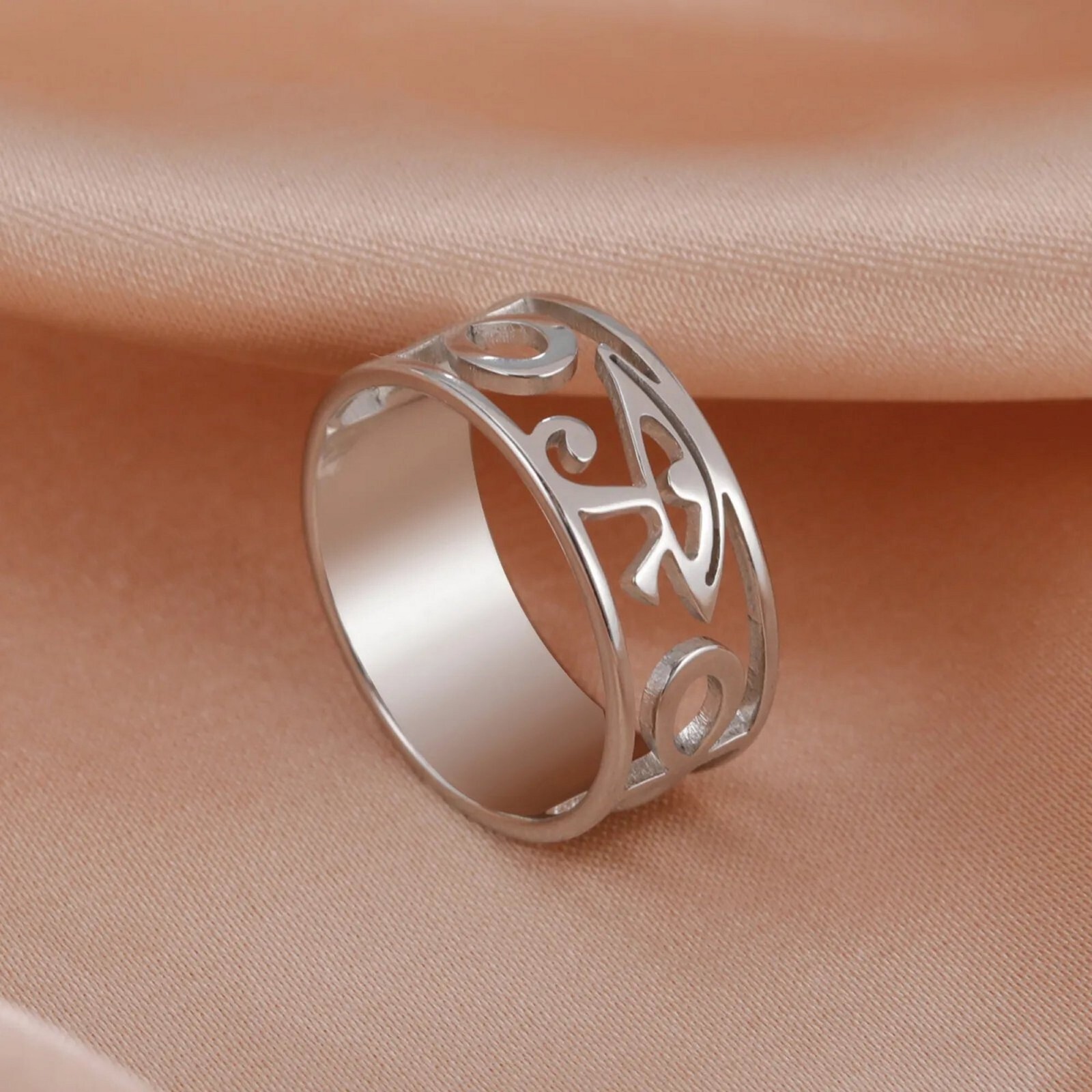 Eye of Ra Ring Silver Surgical Stainless Steel Egyptian Ankh Band Horus