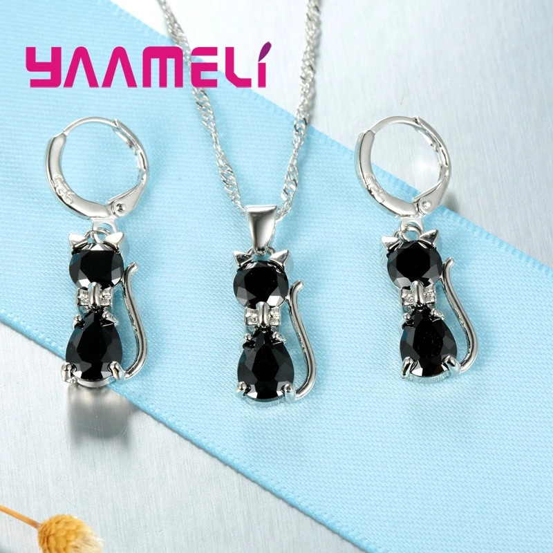 Silver Color Cat Pendant Necklace and Huggie Earrings Jewelry Set for Women Girl