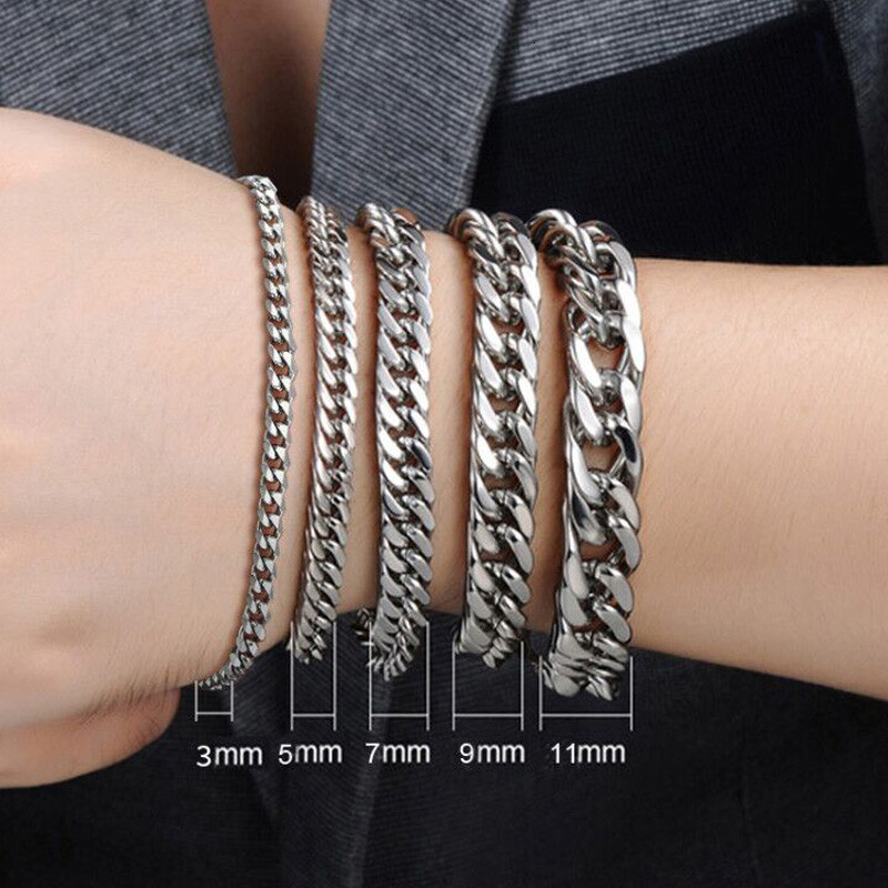 3-11MM Cuban Curb Flat Link Chain Men Women Bracelet 316 Stainless Steel 7-9INCH