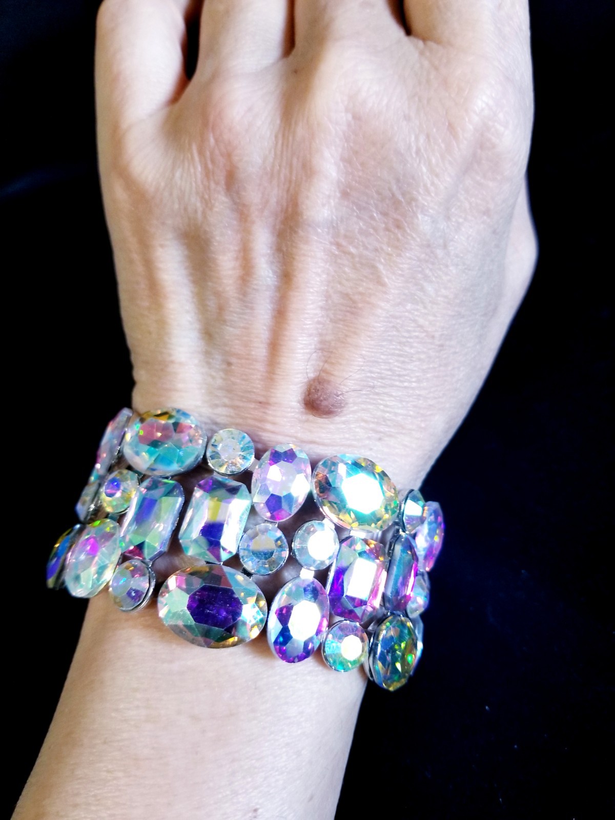 Iridescent Silver Rhinestone Stretch Bracelet Statement Drag Pageant Prom Bridal