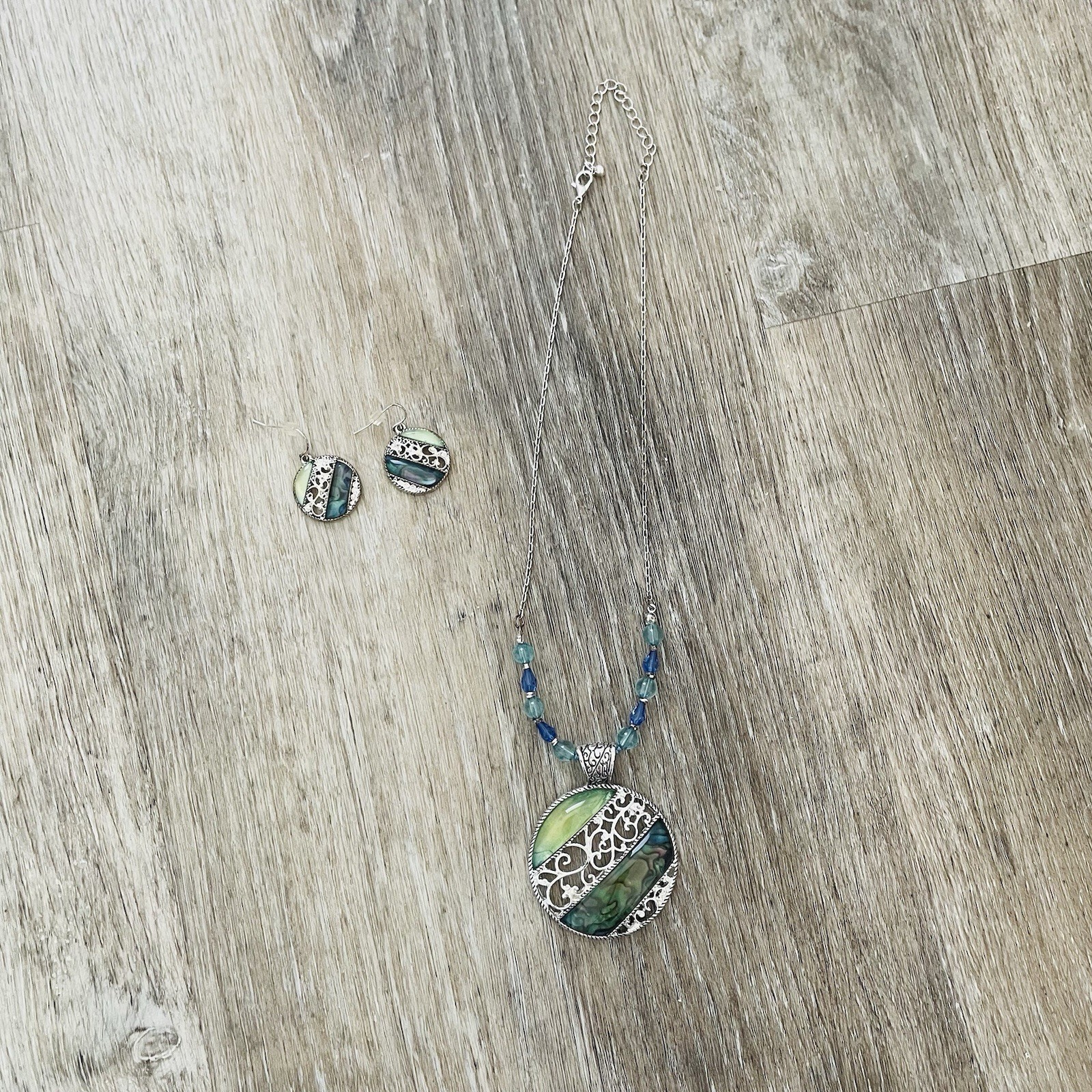 Silver-Tone Green & Teal Filigree Pendant Necklace with Matching Earrings