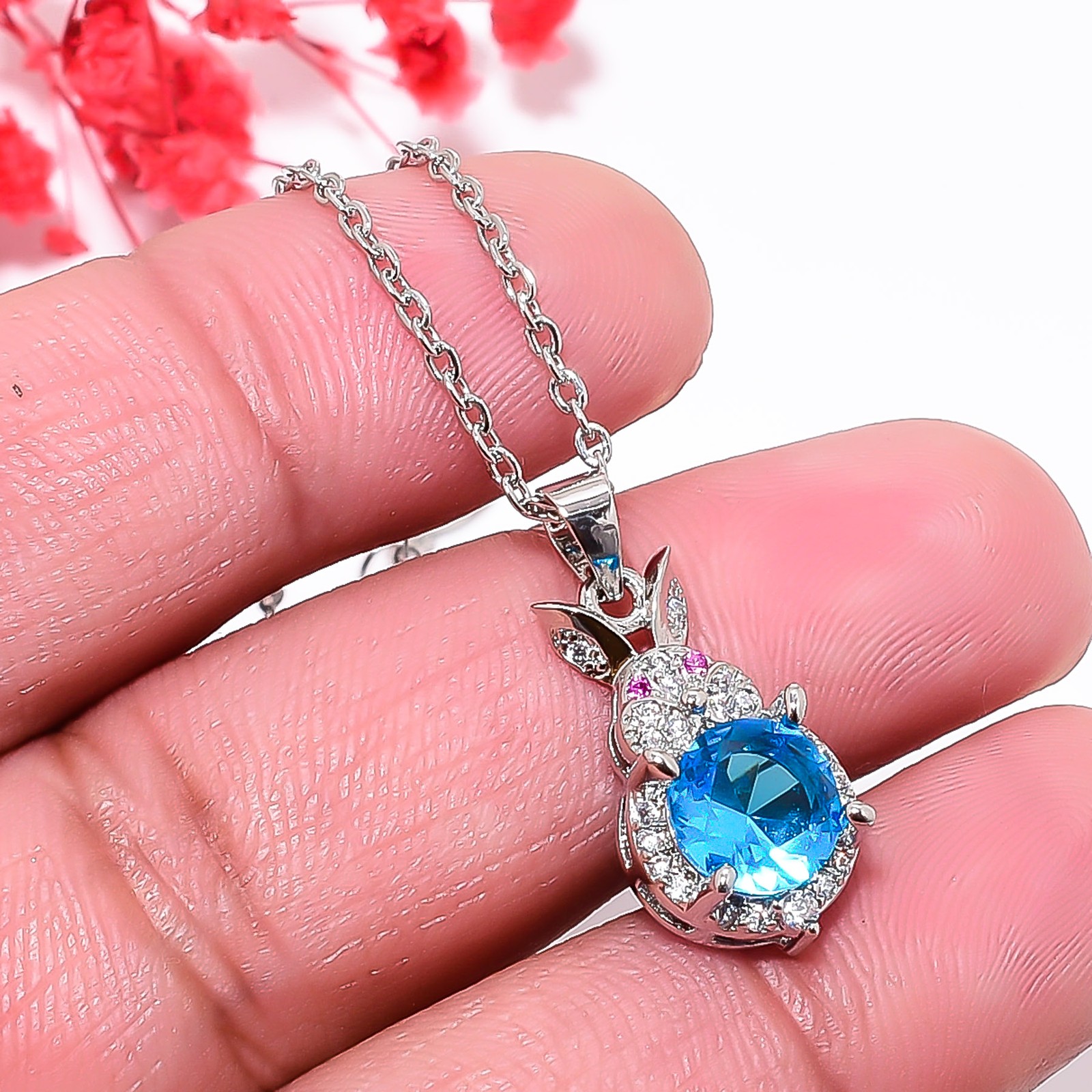 Blue Topaz & Cz 925 Silver Rabbit Stylish Pendant With Chain 18-20″ CP301