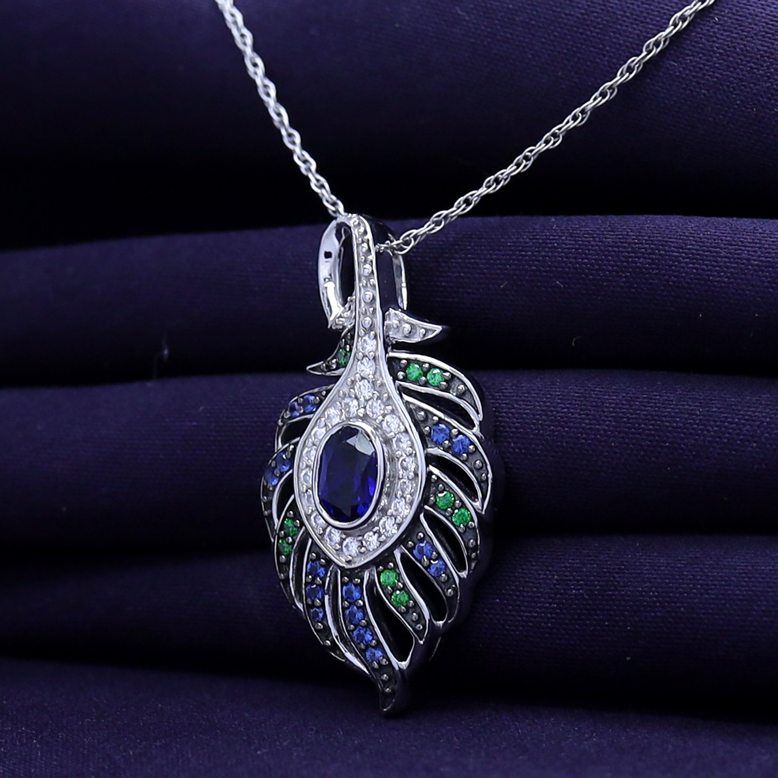 1.79 Ct “Peacock Feather” Pendant Simulated Tanzanite 14K Gold Plated 925 Silver