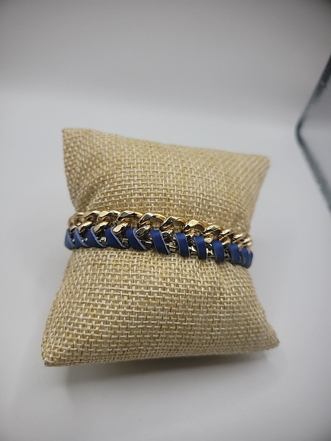 Vintage Ettika Bracelet Gold Tone Chain Leather Braided Blue Purple Jewelry