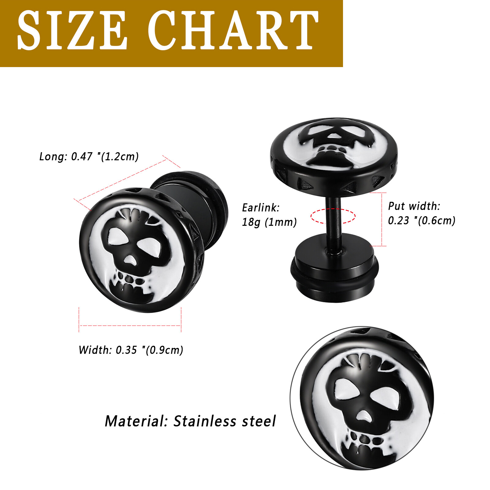 Gothic Punk Skull Stud Earrings For Men Women Stainless Steel Screw Back