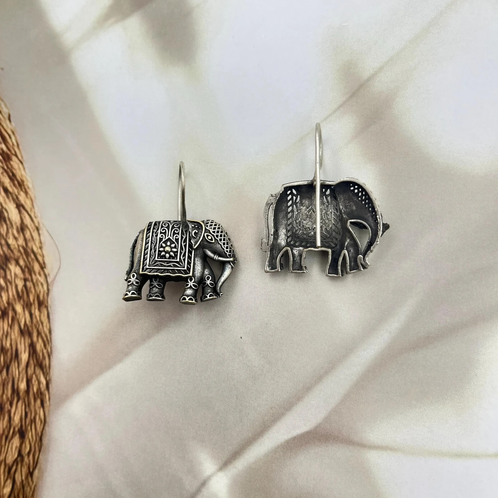 Elephant Silver Toned Earrings -Elephant Shaped Oxidised Stud Friction Push Back